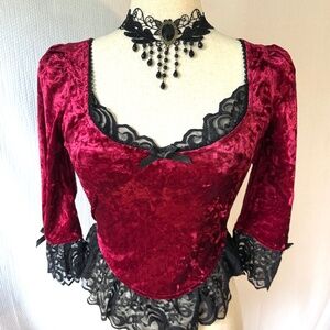 Dolls Kill Widow Vampire Gothic Victorian Blood Red Velvet & Black Lace Top